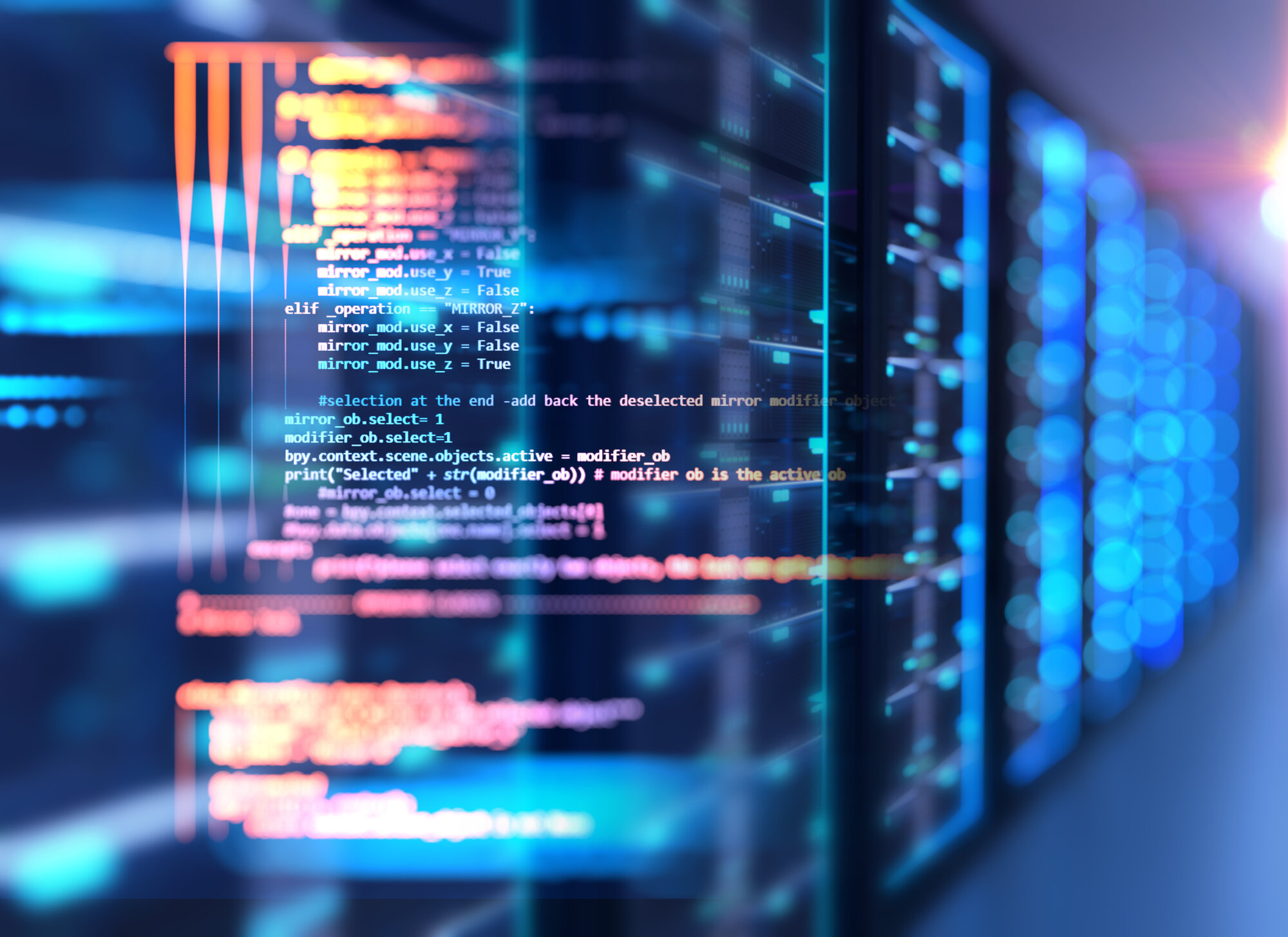 server room 3d illustration with node base programming data  des