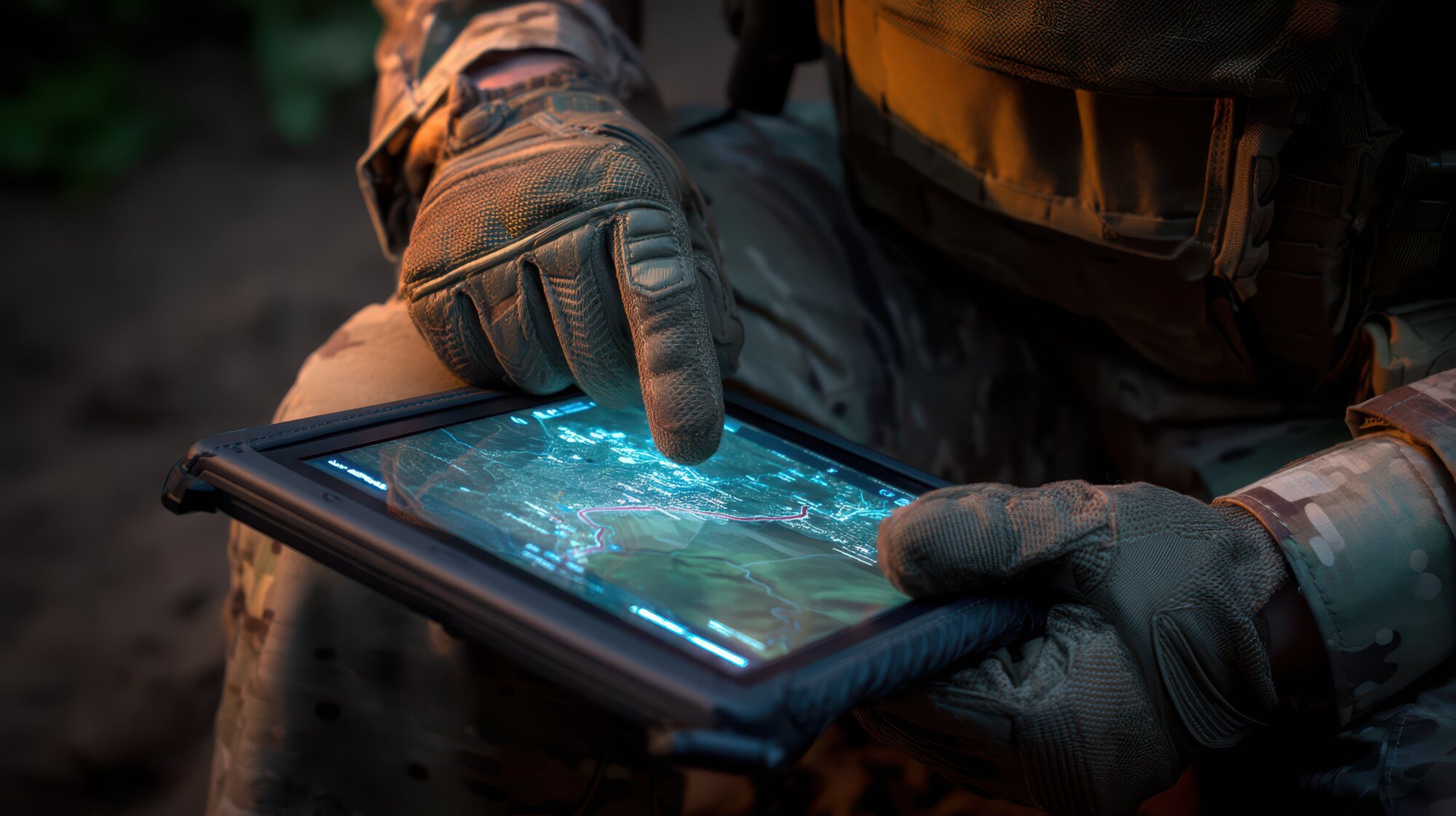 Soldier Using Digital Tablet on Knee for Navigation in Tactical Setting